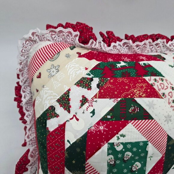 Handmade Christmas Patchwork Quilted Christmas Throw Pillow With Lace Ruffle - Picture 6 of 11